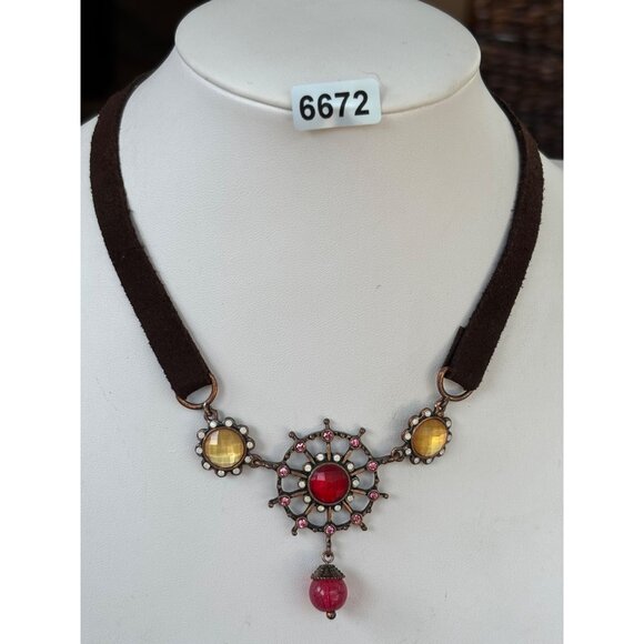 Brown Suede Choker Necklace With Red & Yellow Gemstone Accents Adjustable Chain - Picture 4 of 6